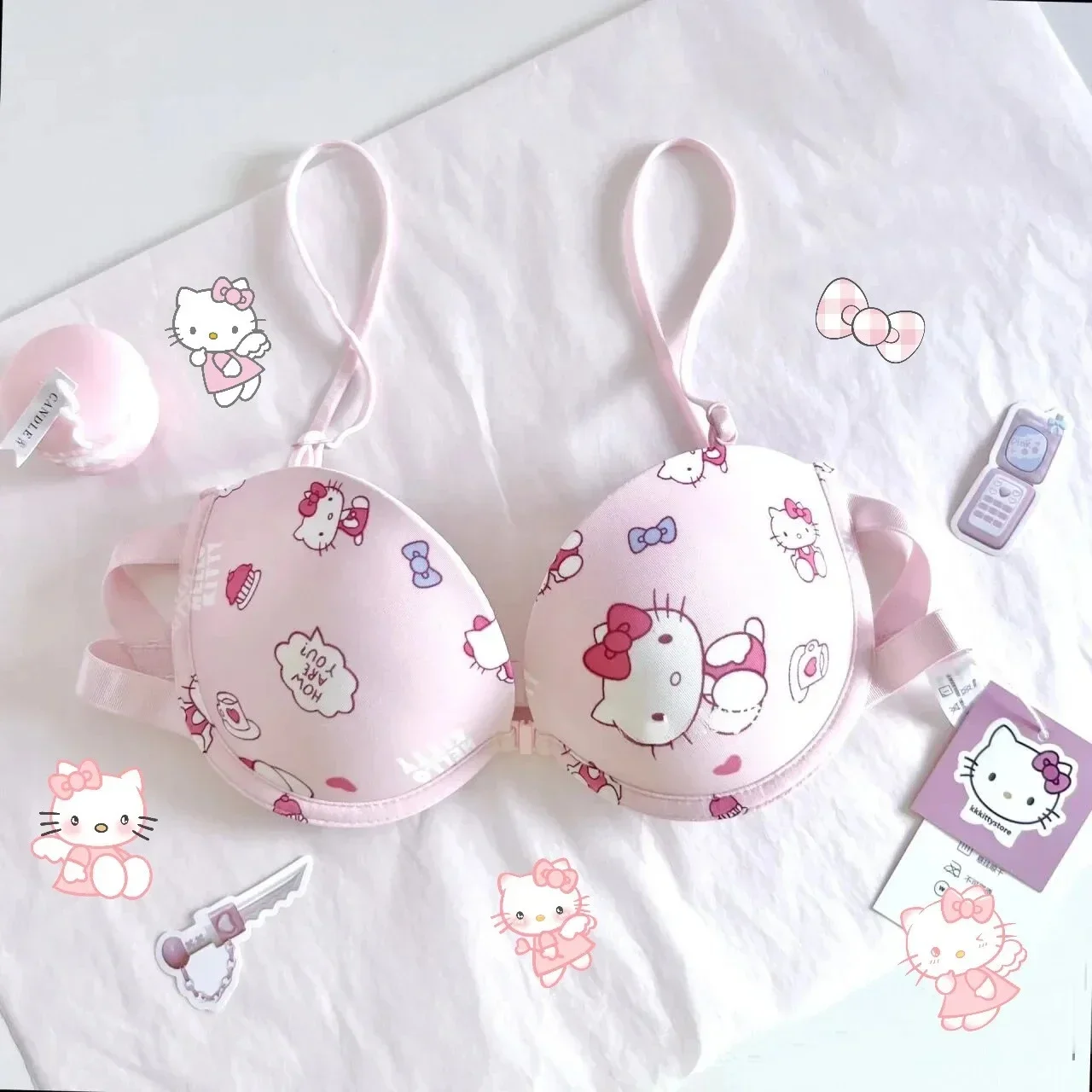 Kawaii Sanrio комплект с бюстгальтером Hello Kitty, милое нижнее белье, трусики и бюстгальтеры пуш-ап, нижнее белье в стиле комиксов, сексуальный бюстгальтер Pure Desire для девочек, милый подарок