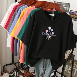 EBAIHUI 100% bawełna M-6XL T Shirt serce balon t-shirt z nadrukiem z krótkim rękawem damska Top lato para V Neck ponadgabarytowych t-shirty