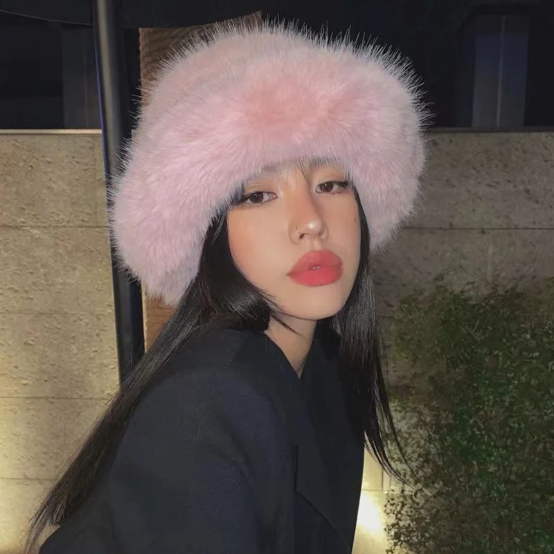 2023 y2k Fluffy Faux Fur Bucket Hat Women Rabbit Fur Warm Thick Plush Winter Hat Lady Luxury Fashion Party Panama Fisherman Cap