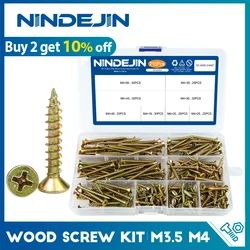 NINDEJIN Wood Screw Kit M3.5 M4 Cross Recessed Fiberboard Screw Zinc Plated Flat Phillips Head Self Tapping Screw for Chipboard