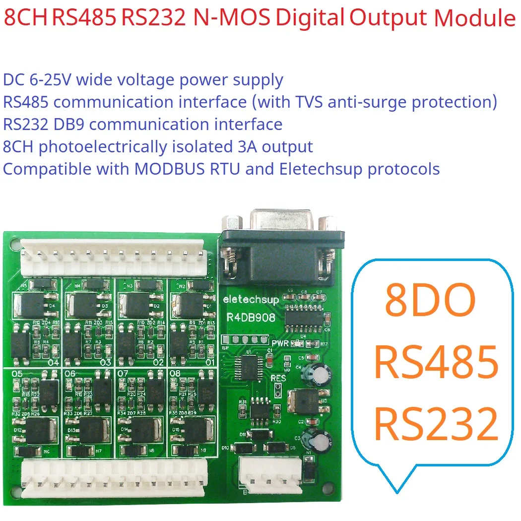 2 in 1 RS232 RS485 DB9 8DO Module Modbus Rtu 3A NPN Mos Optocoupler Isolation Output Solid State Relay for LED Motor PLC PTZ Can