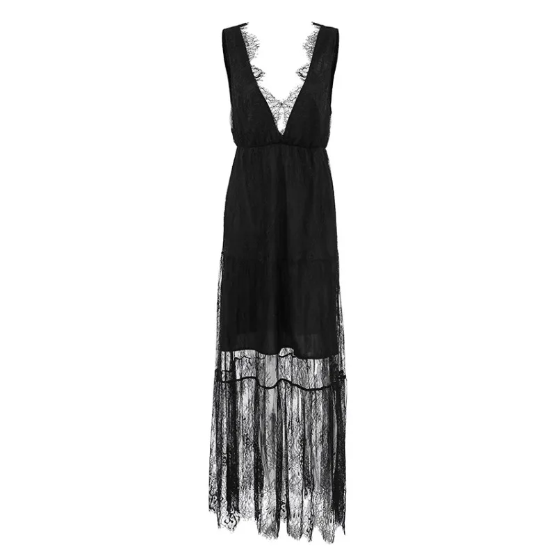 Women V-Neck Spaghetti Strap Black Lace Spliced A-Line Long Hook Flower Hollow Maxi Dress Elegant Summer Holiday Boho Fairycore