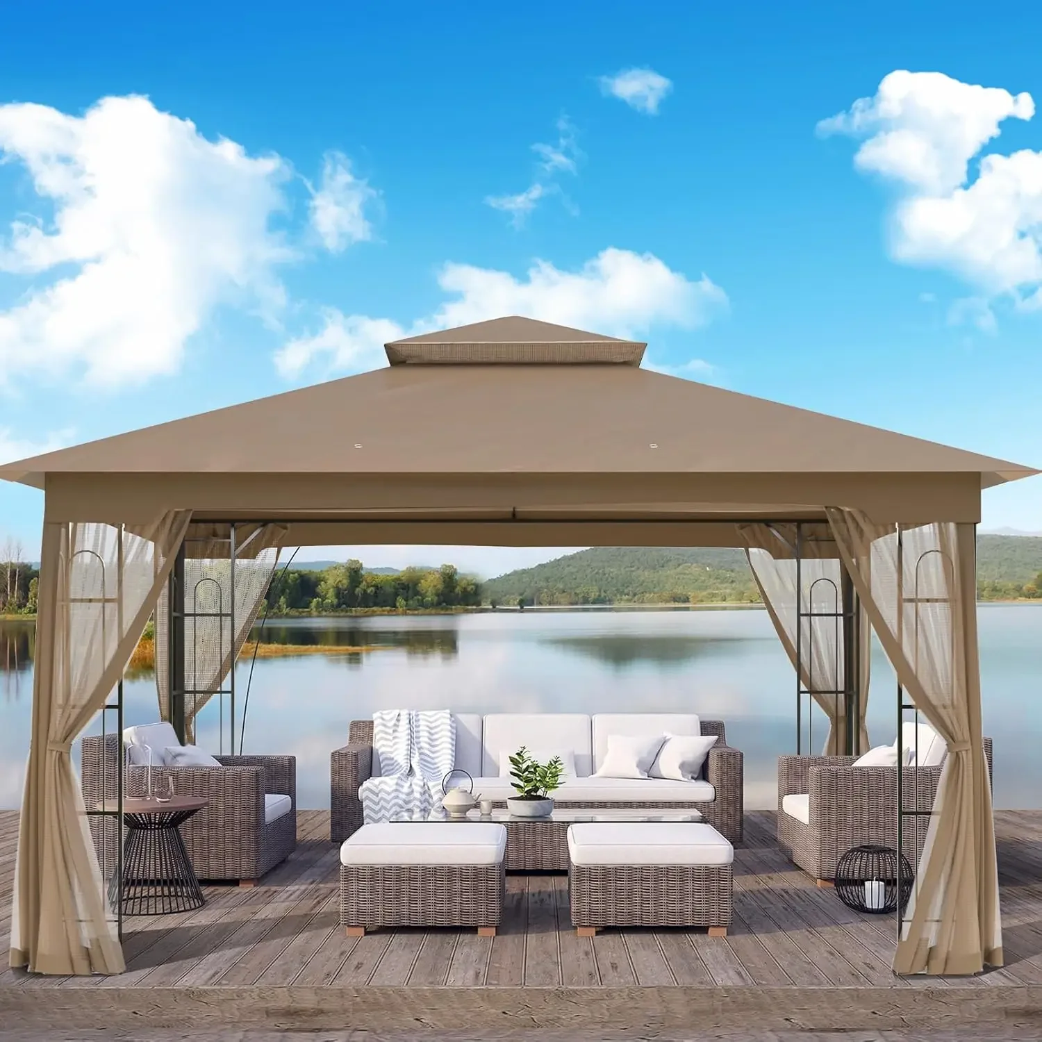 

Outdoor Gazebo with Mosquito Netting 13x11 at Top and 12x10 at Base, Double Tier Roof Patio Gazebo Pavilion, Customized