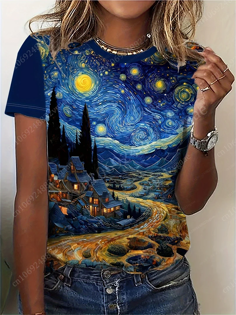 The Starry Night Van Gogh T Shirt Summer Women Crew Neck T-Shirt 3D Print Short Sleeve Top Vintage Clothes Oversized Tees