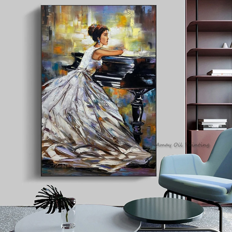 

Handpainted Color Violin Piano Music Girl Woman Dress Abstract Oil Painting On Canvas Figure Wall Art for Living Room Decor