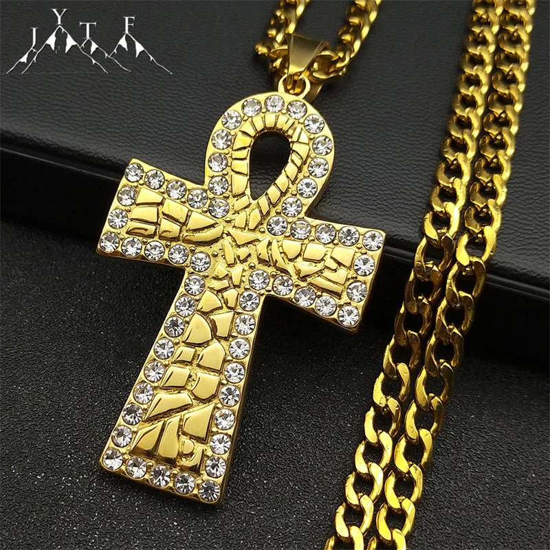 

Vintage Egyptian Life Big Rhinestone Ankh Cross Pendant Necklace for Men and Women Fashion Chain Jewelry Accessories 7619-6