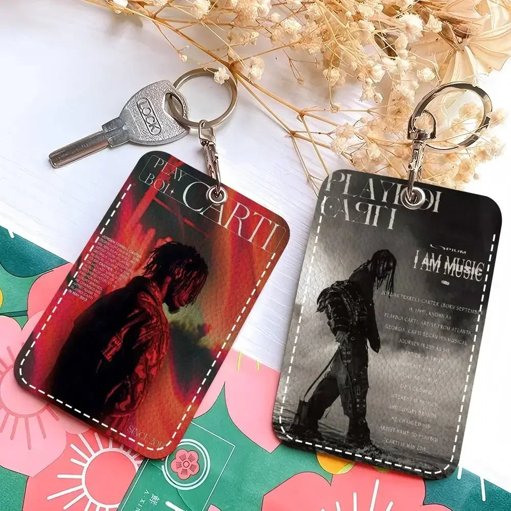 Hip Hop Rapper Star Playboi Carti Stylish Leather Card Holder Keychain Travel-Friendly Case for Essentials