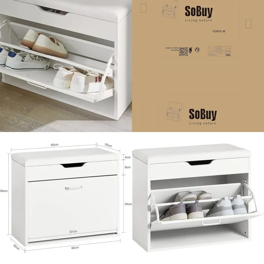 

Compact Shoe Storage Bench with Cushioned Lid, White, FSR95-W