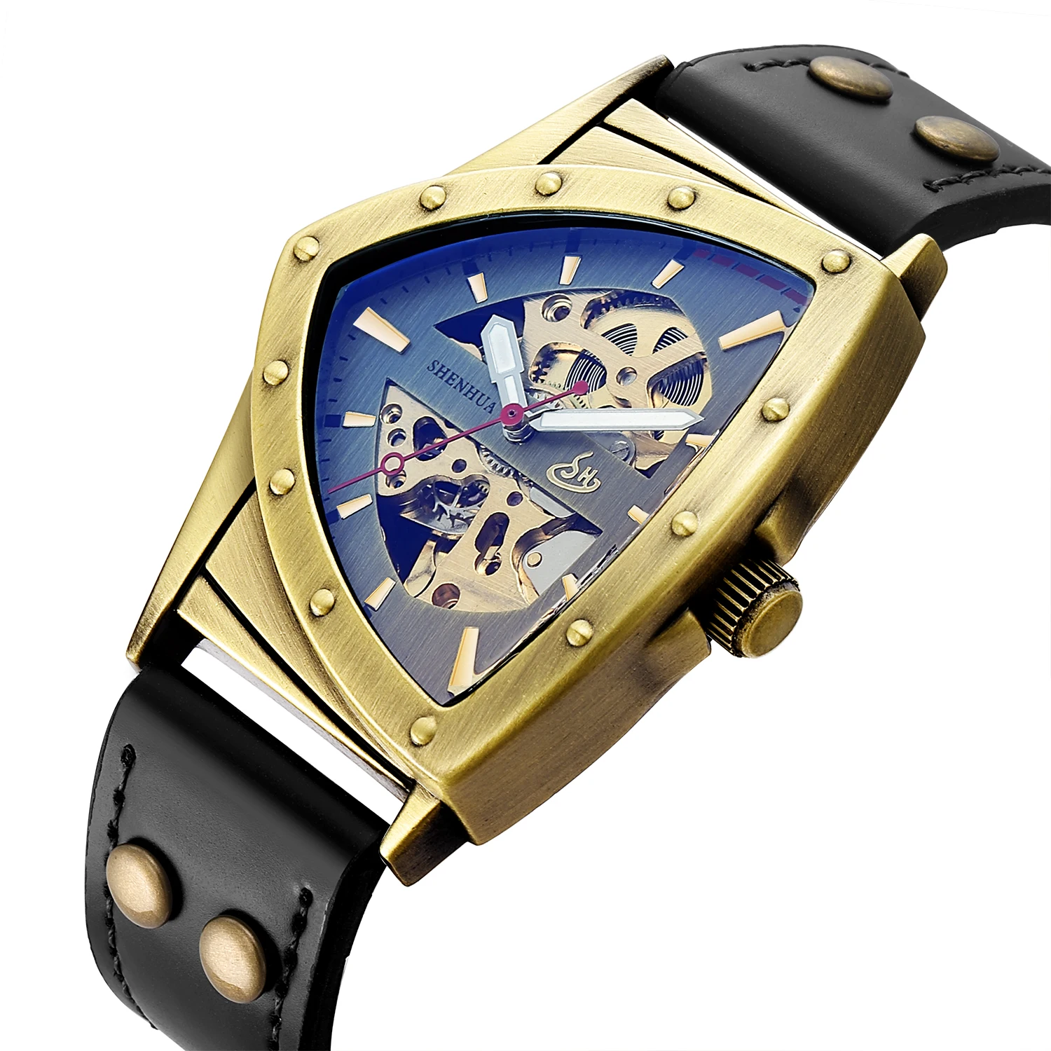 Fashionable personalized hollow triangular antique copper luminous retro punk no digital fully automatic mechanical men watch