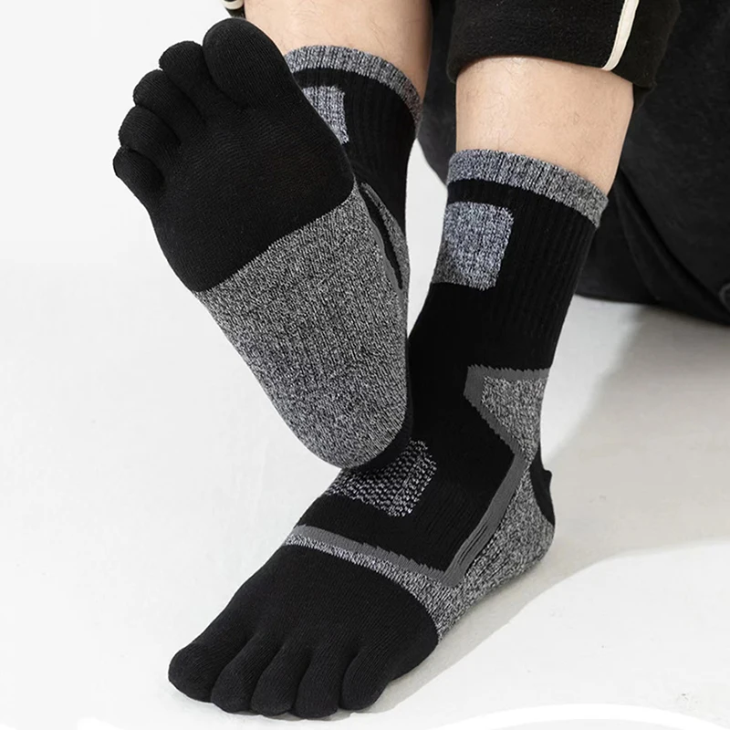 New Autumn Winter Men\'s Long Tube Five Finger Socks Pure Cotton Color Contrast Warm Thick Split Toe Socks Calcetines Skarpetki