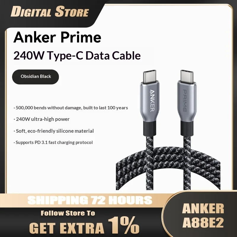 Anker Prime 240W USB C to USB C Fast Charging Cable, Upcycled Braided Nylon, 100-Year Bend Durability, 3ft 6ft