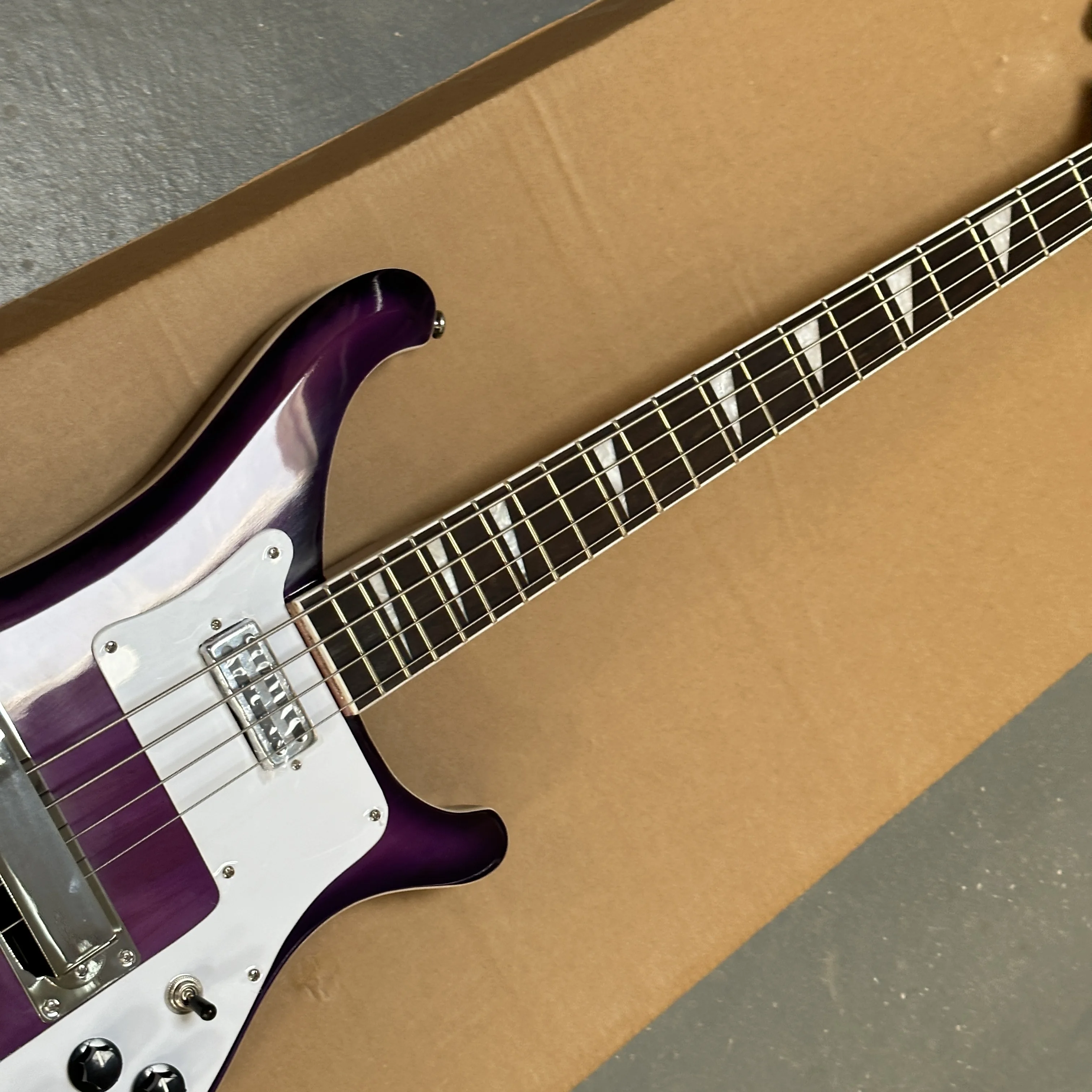 Neck thru body Purple Electric Bass R-brand 4s Chrome Hardware White Pickguard Free Ship