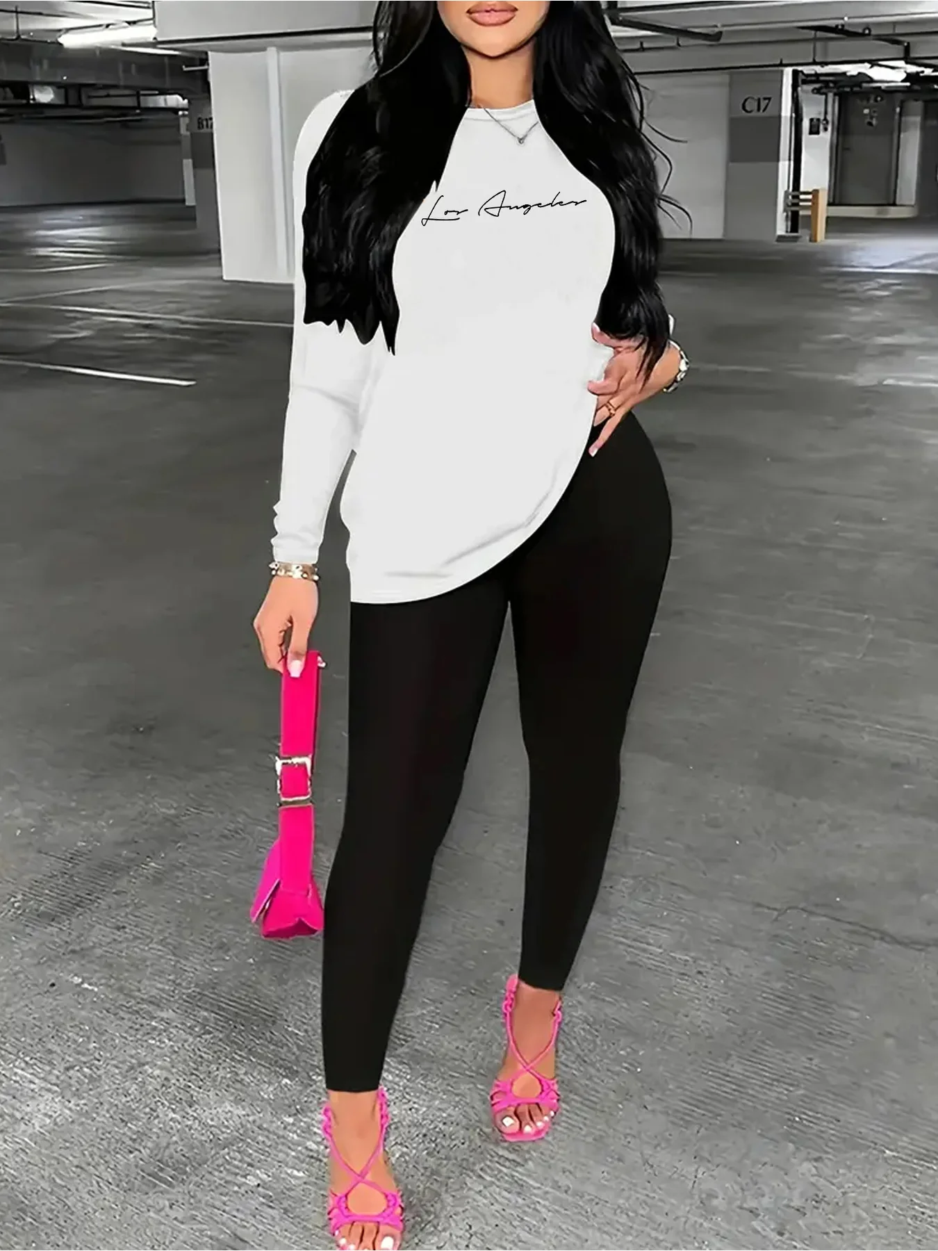 Trendy Monogrammed White Long-Sleeved Shirt with Simple Design + Black Slim-Fitting Leggings Set