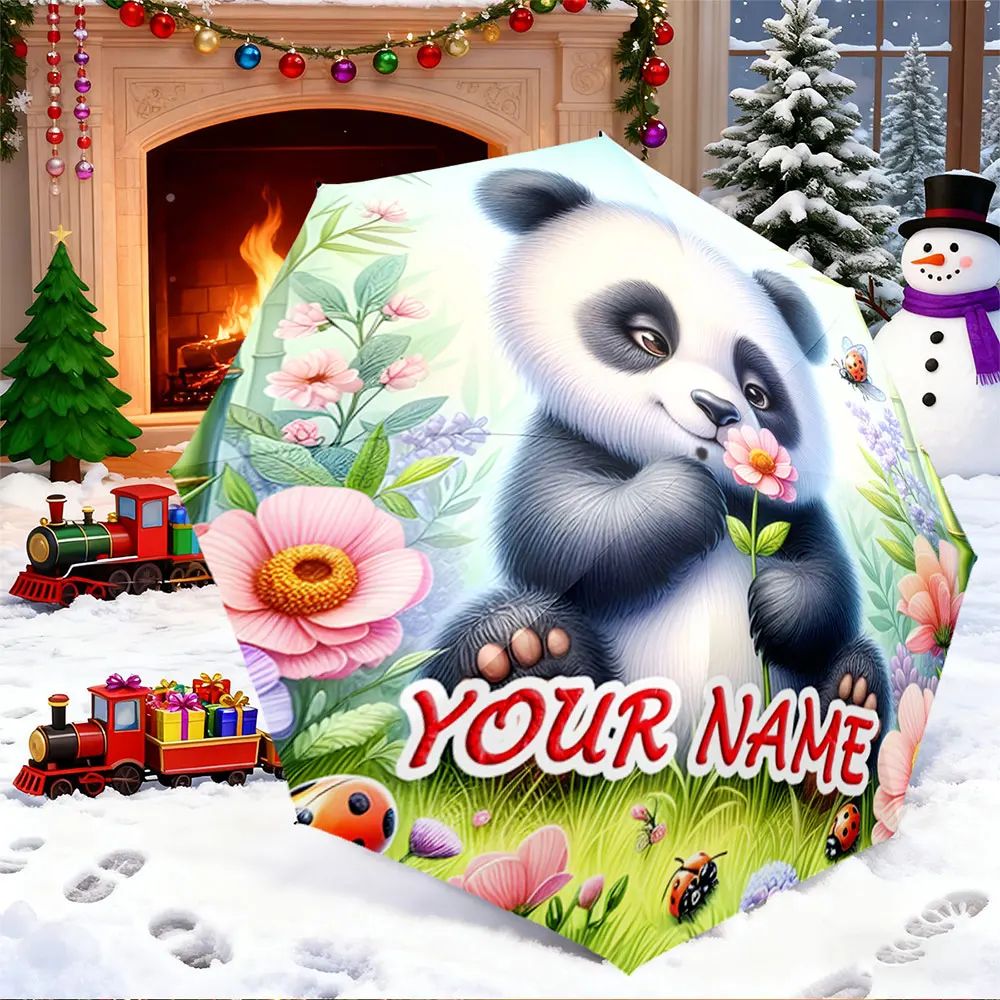 Custom Name Umbrella， Cute Panda with Flowers and Ladybugs Cartoon Design Umbrella ,Portable Folding Umbrella, Christmas Gift