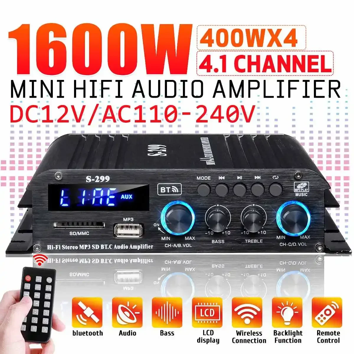 S-299 170 4*400W 2CH/ 4.1CH Power Amplifier Audio Karaoke Home Theater Amplifiers Home Car bluetooth Wireless Amplifier USB AUX