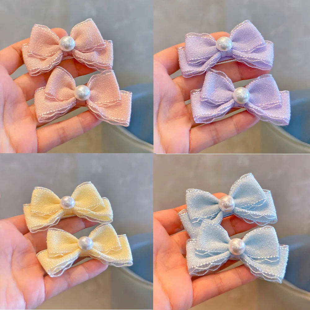 48 Pcs/Lot Lace Trim Ribbon Bow Hair Clips With Pearl Center For Kids Girls Hair Accessories view 6