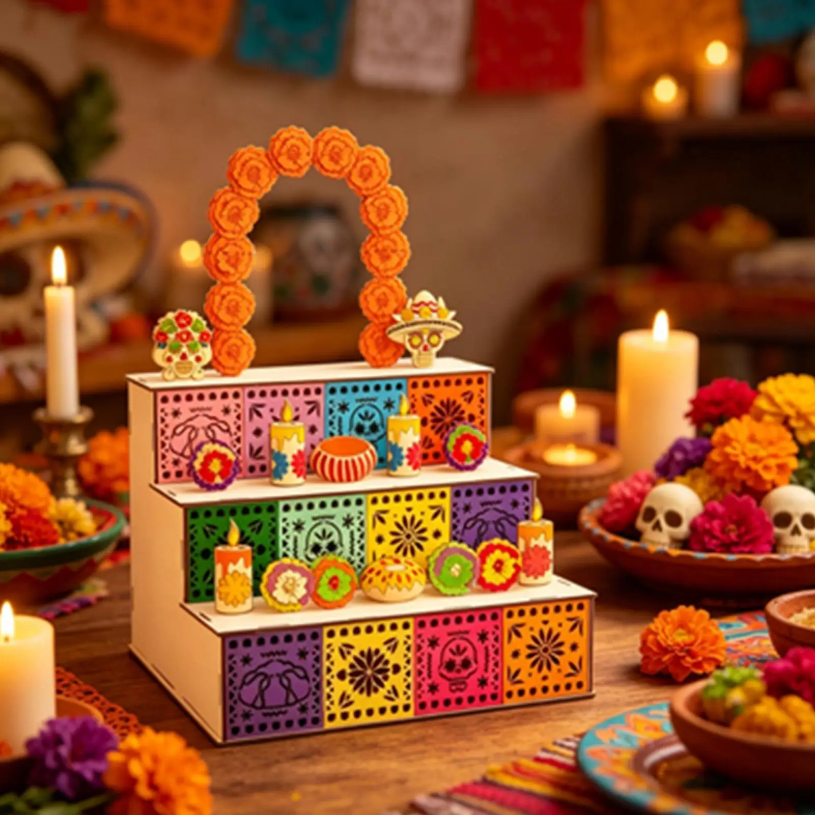 Wooden Day of the Dead Altar Kit 3-Tier Seasonal Decoration Day of the Dead Decorations for Buddhists Practitioners Wiccans