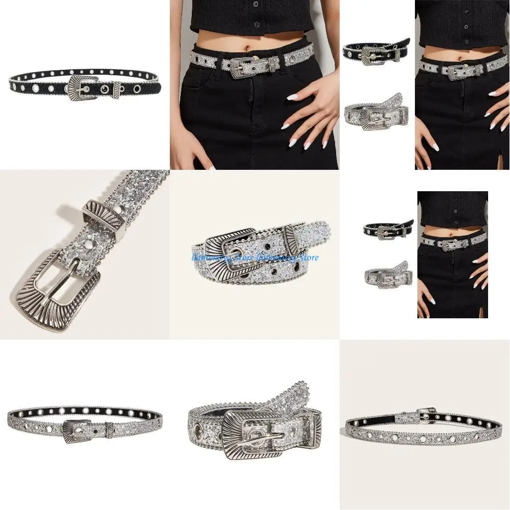 

573B Elegant Pin Buckle Waist Belt Sequined Waistband Beaded Trim Skinny Waiststrap