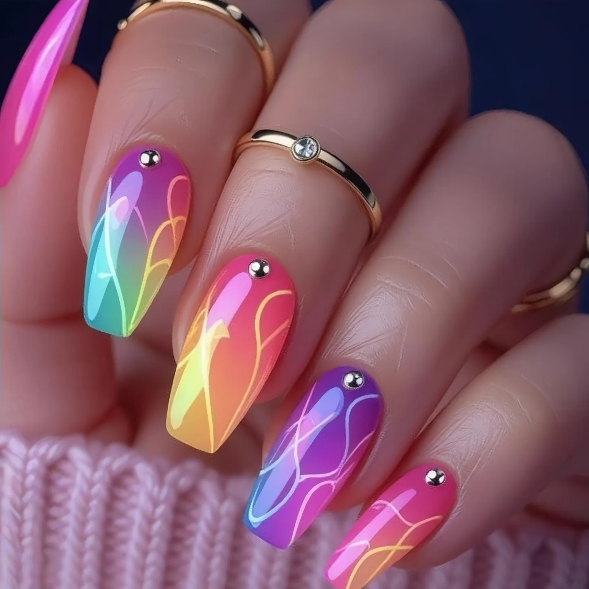 Mittellange künstliche Nagelspitzen mit 3D-Herz-Blumen-Design, Farbverlauf Lila-Rot, französische quadratische Ballett-Spitzen, Press-On-Set für künstliche Nagelkunst – Detail 6