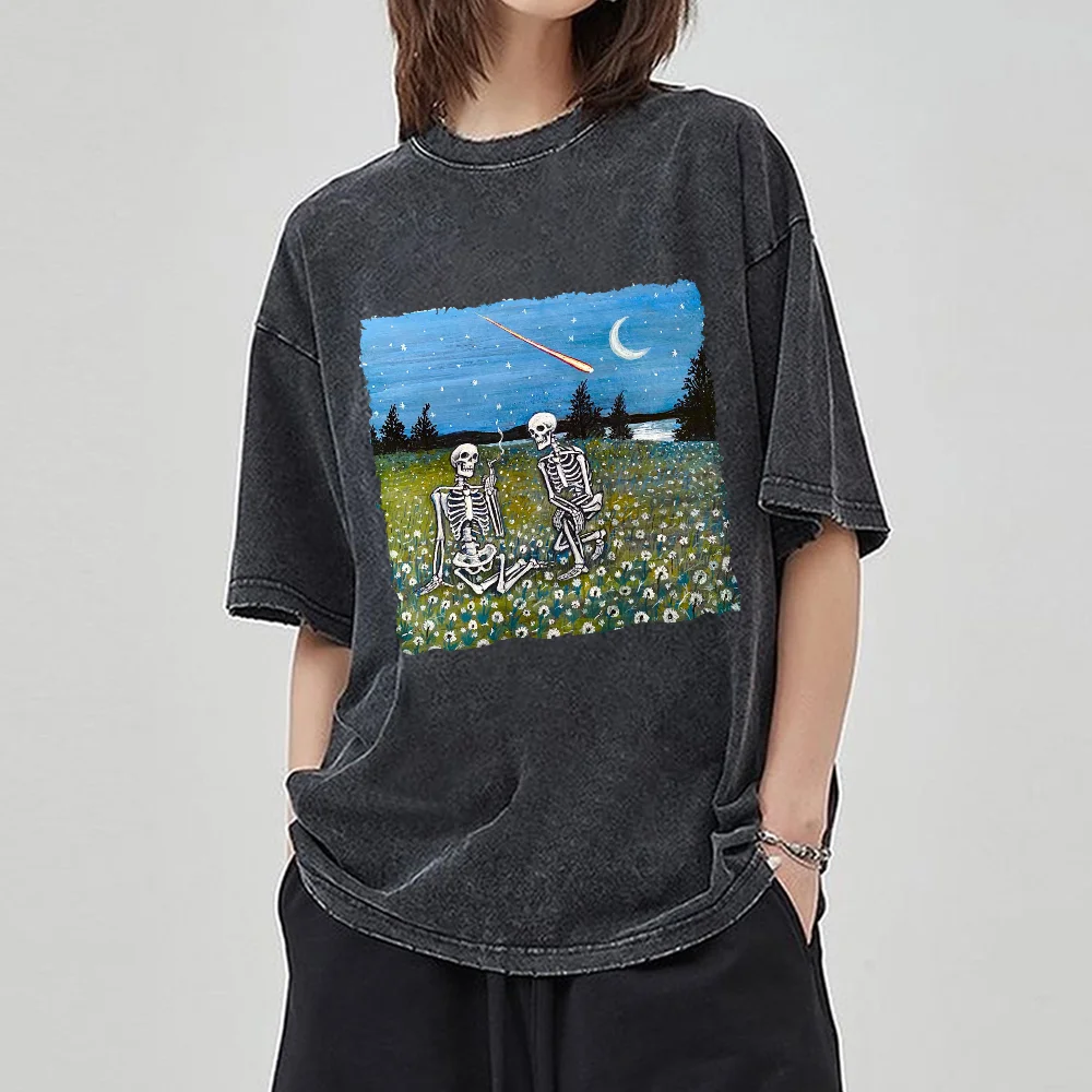 

Summer 2024 T-Shirt Skull Rack Print Washed Oversized Short Sleeve Casual Retro Outfit Y2K Women's Clothes