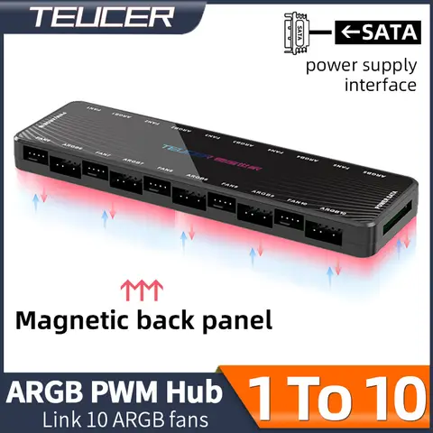 Teucer 1 ~ 10 12V/4Pin PWM 5V/3Pin 주소 지정 가능 ARGB 허브 분배기 어댑터 케이스 팬용 SATA 전원 공급 장치 인터페이스 집중 장치