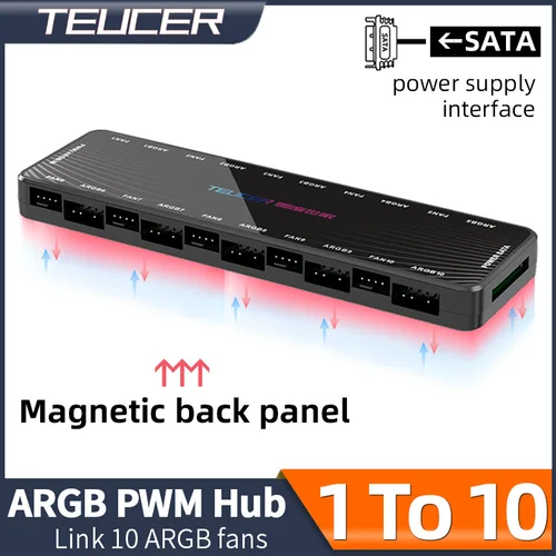 Teucer 1 a 10 12V/4Pin PWM 5V/3Pin direccionable ARGB Hub divisor adaptador SATA fuente de alimentación interfaz concentrador para ventilador con cubierta