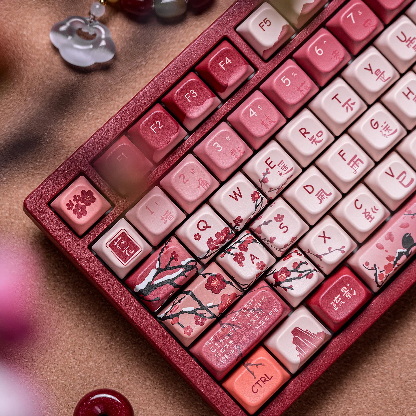 Mintcaps 142 Keys Plum Blossom Keycaps PBT 5-side Dye-Sub COA Profile Chinese Style Red Keycap Set for Mechanical Keyboard