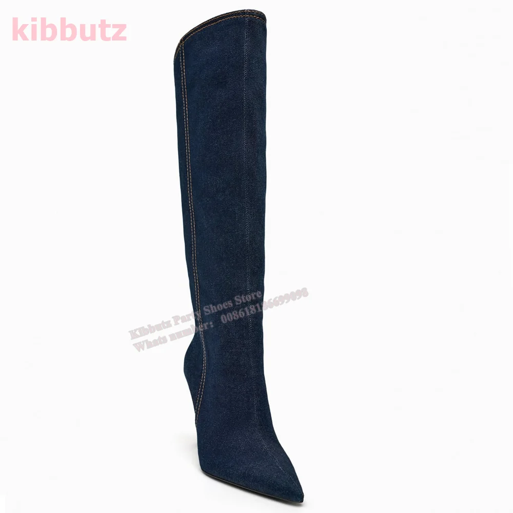 Joelho de costura denim botas altas para mulheres, sapato de dedo apontado, salto fino, slip-on, azul, bezerro assimétrico no topo da moda, desfile