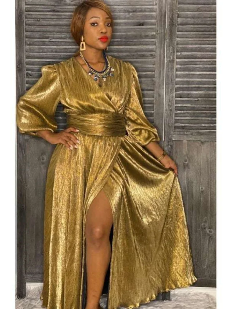 Elegante split vestido longo outono roupas femininas lanterna manga com decote em v grande balanço vestidos de festa à noite vestido de baile a linha