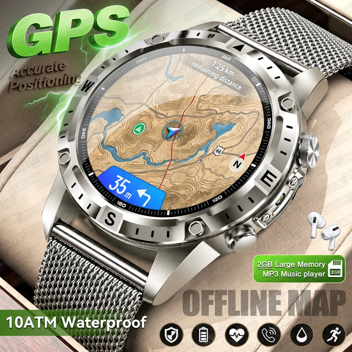 

New GPS Offline Maps Smart Watch Military Sports Smartwatch 2GB Memory Music Player Bt Call 100m Swim Waterproof For IOS Android