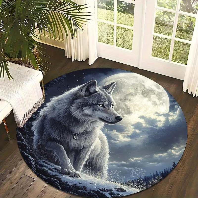 Wolf Under the Moonlight Flannel-printed round floor mats are slip-resistant Suitable living room bedroom terrace garden carpets