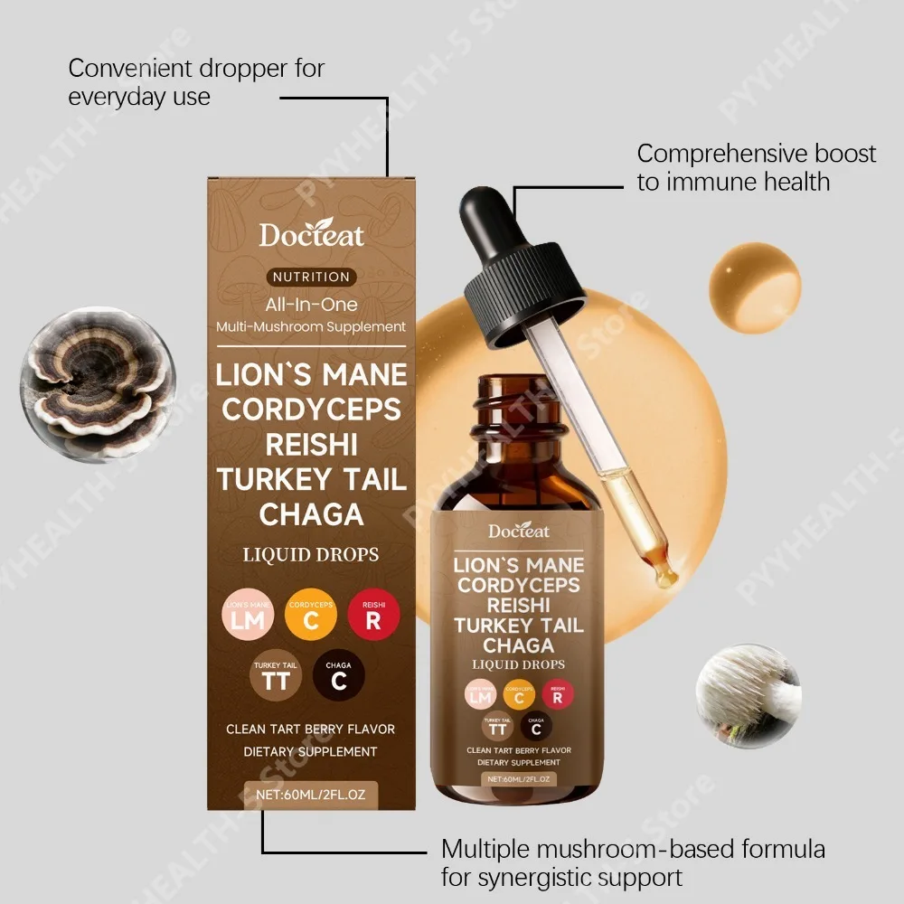 Docteat Multi-Mushroom Liquid Drops, Clean Tart Berry Flavor, Lion's Mane Cordyceps Reishi Turkey Tail, 60 Ml Net, 30 Servings