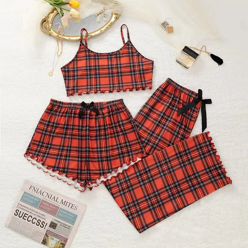 2024 New Suspender Shorts Trousers Three-Piece Fashion Casual Bow Tie Home Wear Set Women\'S Casual Pajamas Set