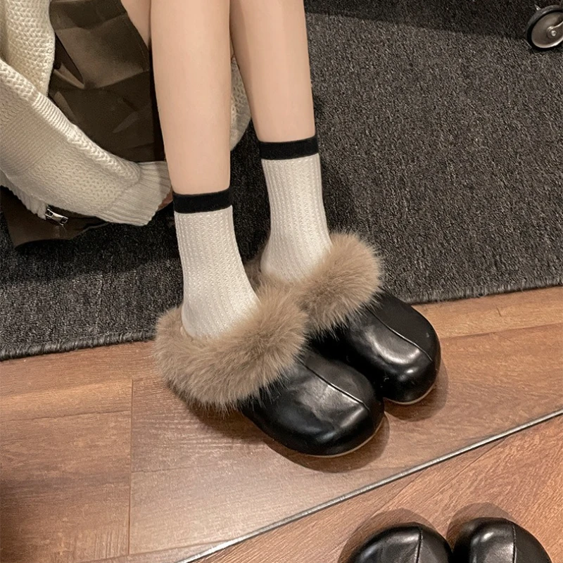 خمر سميكة وحيد النساء الفراء البغال النعال الراحة الدافئة فستان قطني أحذية الخريف الشتاء السيدات موجزة في الهواء الطلق الانزلاق على الشرائح #4