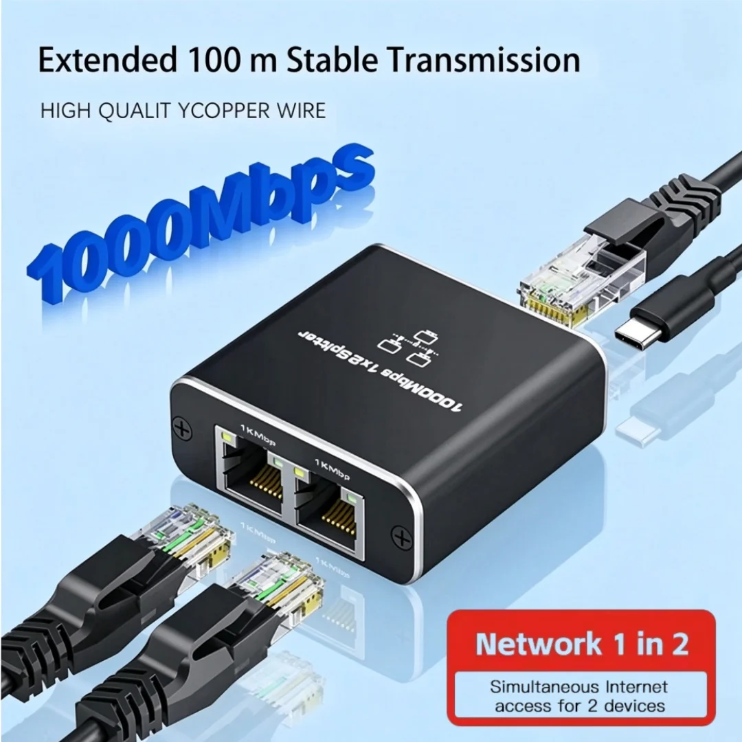Gigabit Ethernet Splitter 1 to 2 RJ45 Network Splitter Suitable for Cat 8/7/6/5e/5 Connects 2 Devices at the Same Time