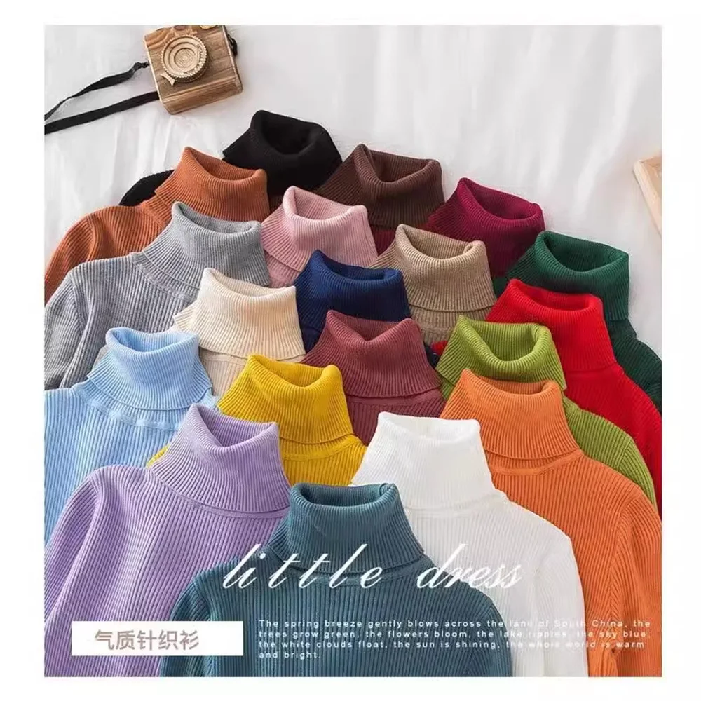 Damskie swetry z długim rękawem na wiosnę i jesień, cienkie swetry z golfem, swetry dzianinowe w stylu koreańskim, bluzki bazowe.