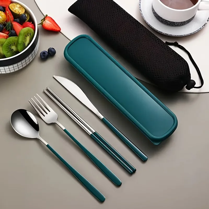 4-Piece Stainless Steel Portable Cutlery Set: Includes Fork, Knife, Spoon and Chopsticks - Perfect for Dining on the Go and out