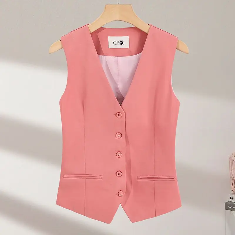 Office Lady Casual Vest Women Classic Black Pockets Waistcoats Woman Elegant Slim Sleeveless Outerwear Chic Veste Femme Q198