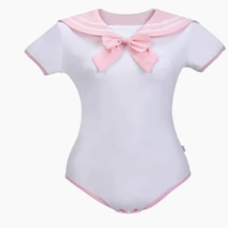 Cosplay Cute Girl Sailor Cotton Romper Short Sleeved Onesie Pajamas Bodysuit Pleated Skirt Set Sissy COS Party Sexy Costume