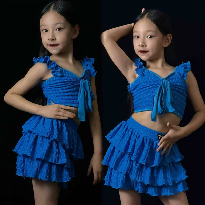 Costume de concours de danse latine pour enfants, vêtements de danse professionnels pour filles, costumes de danse latine Samba bleu SL13376