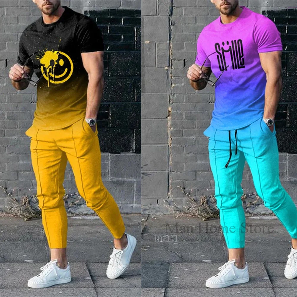 NEW Summer Smile Face Men's Cool Short-Sleeved Shirt With Trousers Set 3D Fashion Smiley Pattern Brand Casual Style Autumn Hot