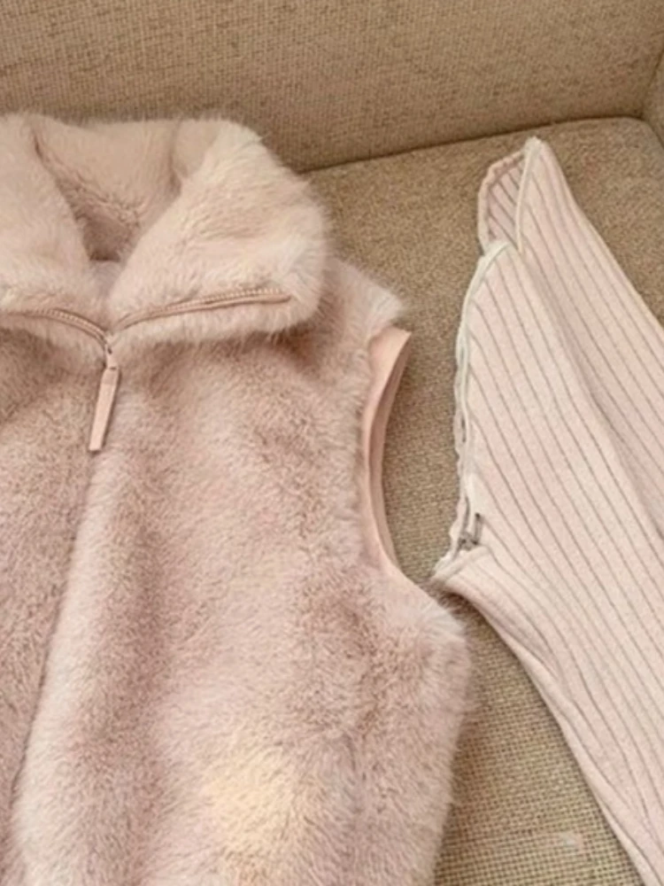 Français Chic élégant manches détachables fourrure haut en tricot femmes mince doux rose chaud gilet pull hiver mode confortable élégant vêtements d'extérieur