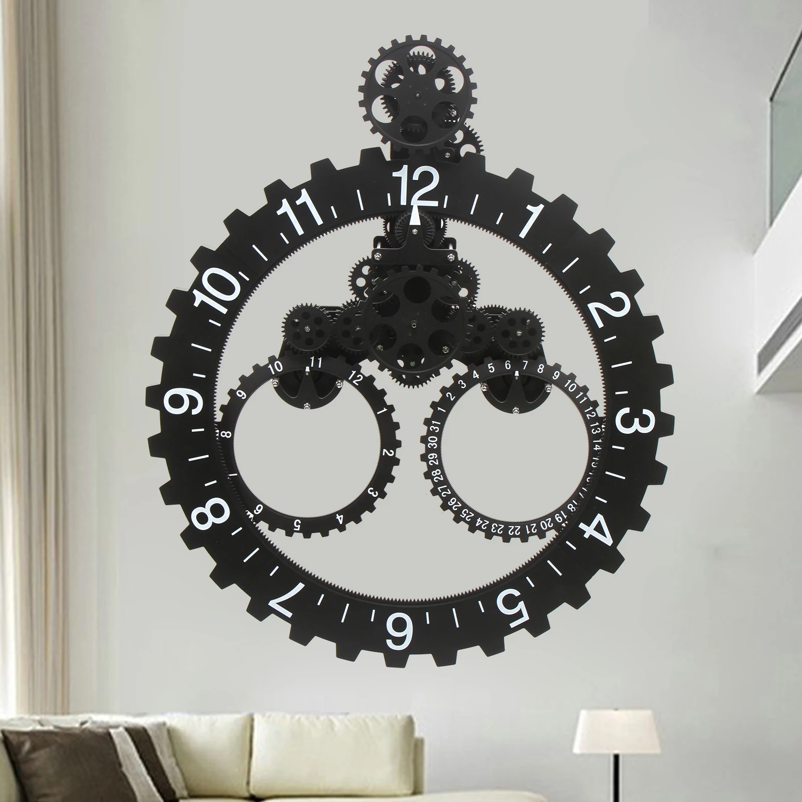 3D Modern Large Wall Art Rotary Gear Clock Mechanical Calendar Wheel Black