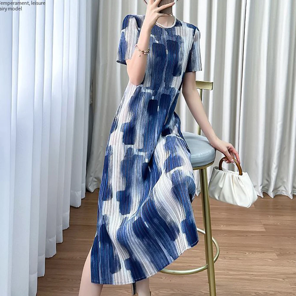 

2025 summer new ink printing fashion dress women's loose pleated split high waist slim long dresses for women