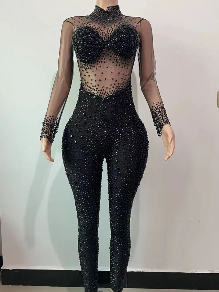 

Women Birthday Celebrate Prom Party Transparent Outfit Black Stones Mesh See Through Jumpsuit Evening Stretch Costumes