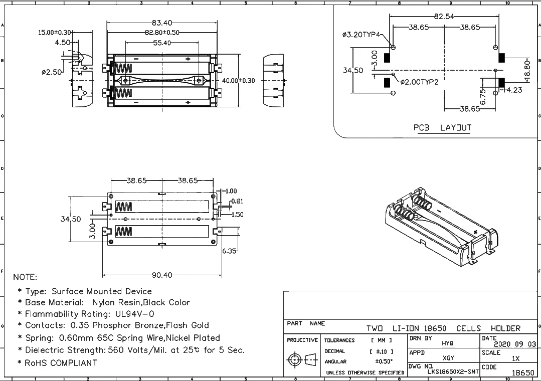 2S Parallel 18650 SMT Batteriehalter 2-Zellen-Parallel 3,7V PCB Oberflächenmontage Batteriesockel Vergoldeter Kontakt, BATTERIE NICHT ENTHALTEN – Detail 5