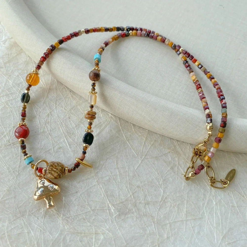 

Autumn Winter Cute Mushroom Natural Stone Colored Beaded Necklace for Women, Stackable Niche Light Luxury Sweater Chain Korean
