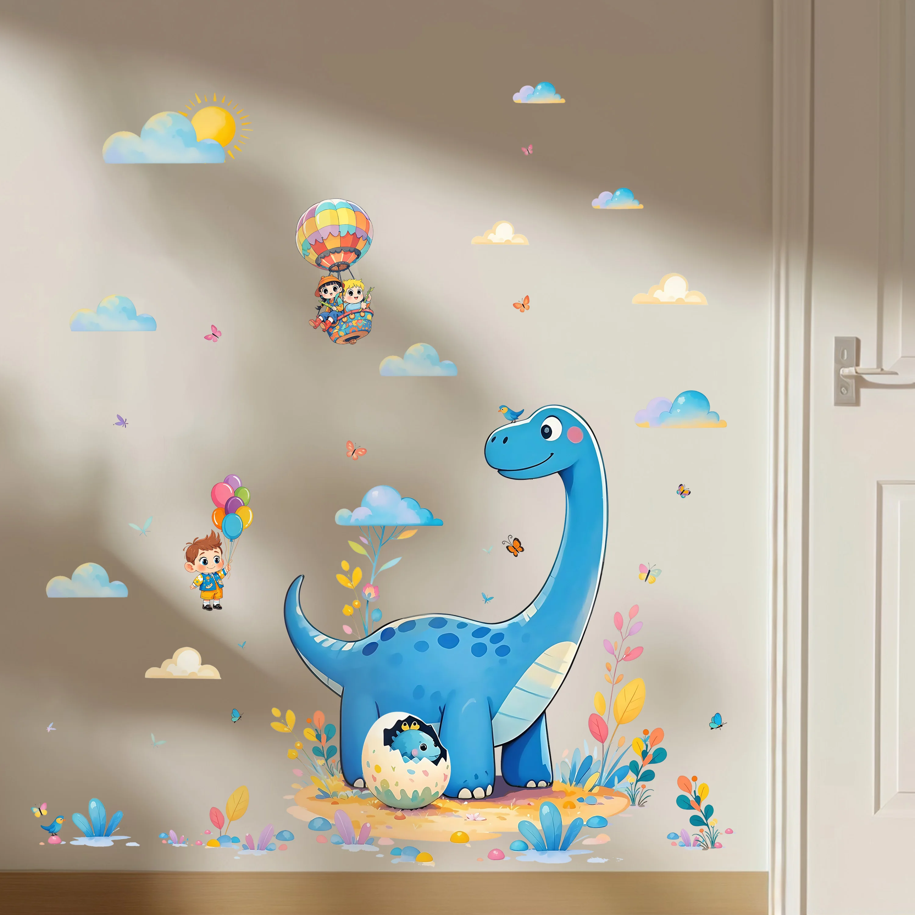 Come to Dinosaur Home Hot Air Balloon Dinosaur Egg Sun Cloud Wall Stickers Room Decoration Home Door Stickers Bedroom Living Roo