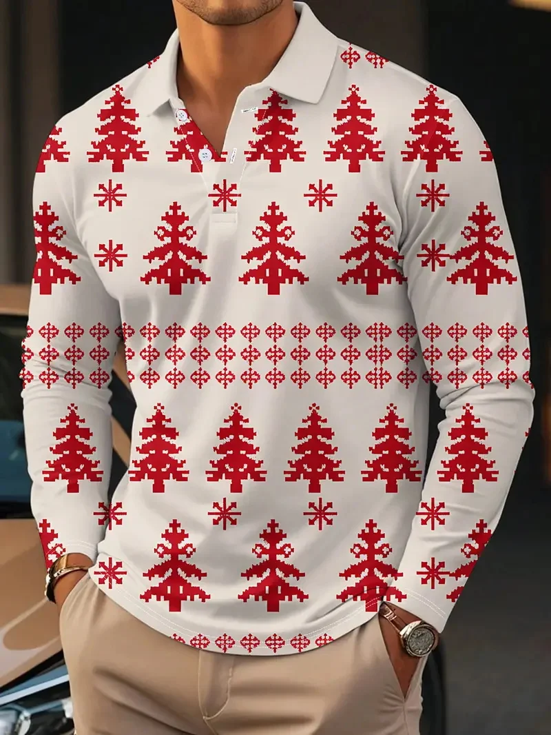 Full Print Christmas Graphic Long Sleeve Polo Shirt For Men Casual Oversized Trundown Collar Golf Shirts Mens Tee Shirt Tops