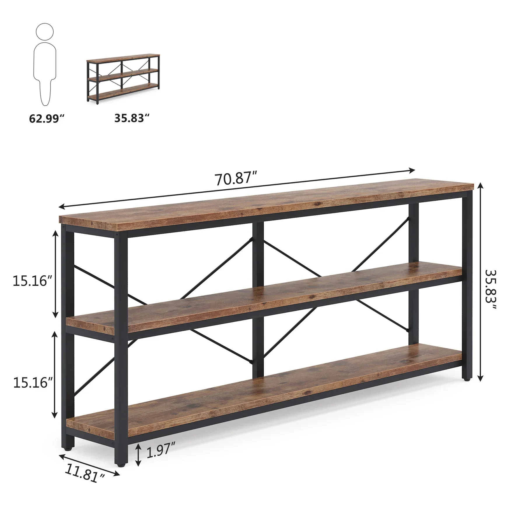 

3-Tier Console Table, 70.9" Sofa Table Long Narrow Entryway with Metal Frame